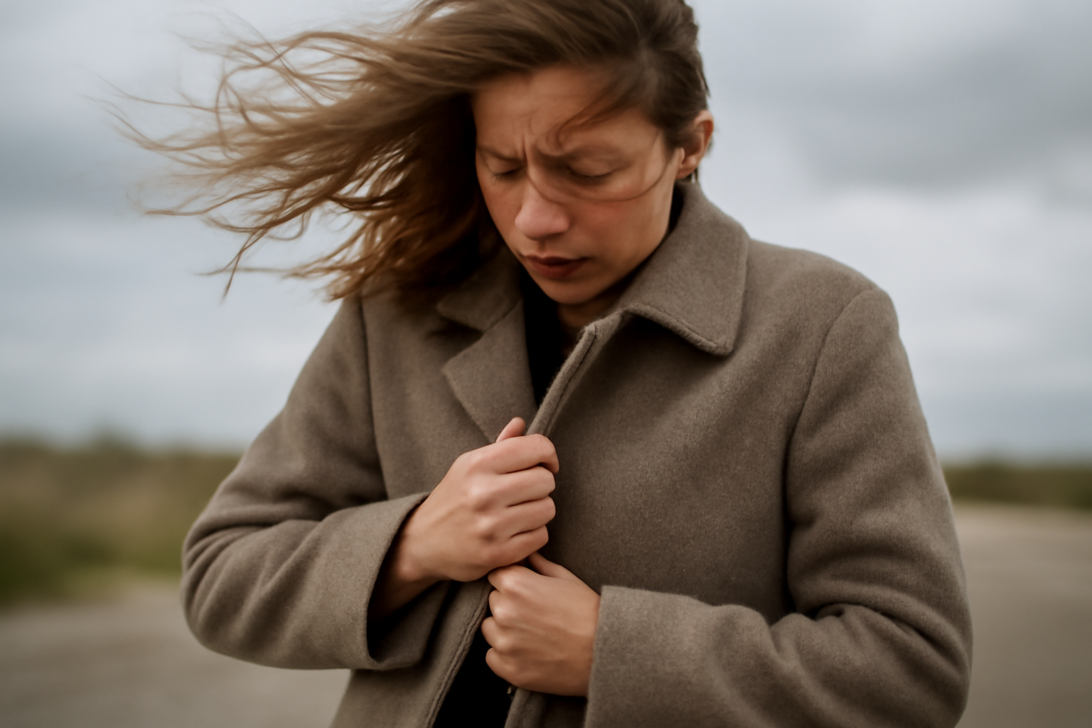 personne fermant un manteau contre le vent