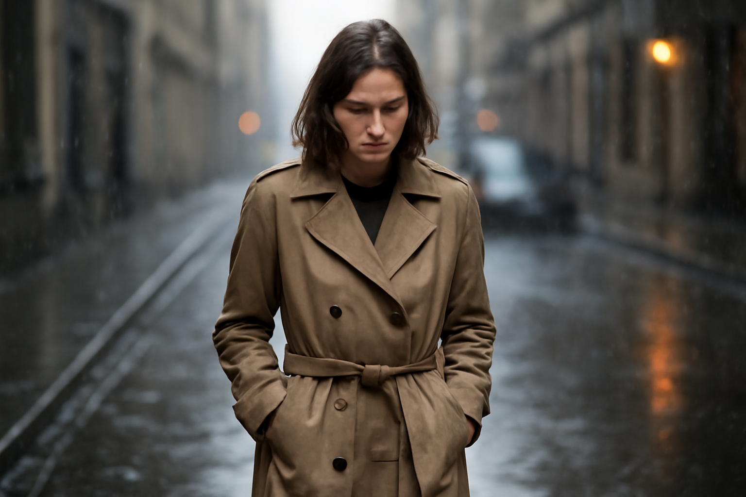 tendancemagasin-manteau-leger-frais personne portant un manteau mi-saison dans rue pluvieuse