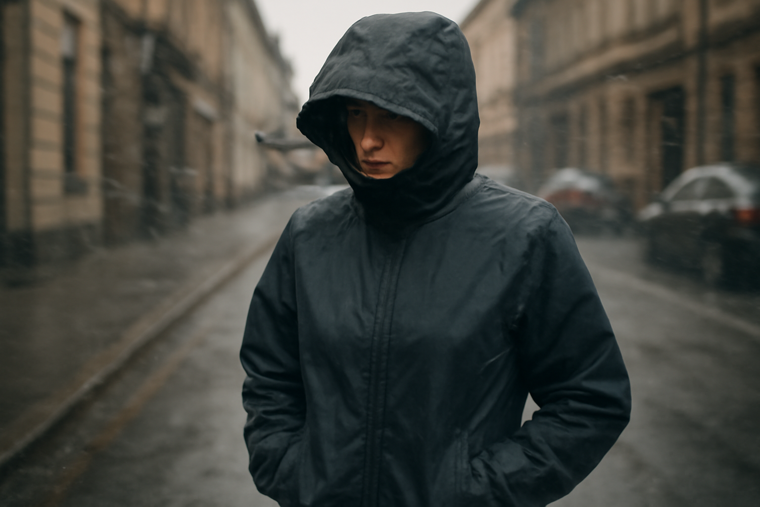 tendancemagasin-manteau-resiste-vent personne portant manteau coupe-vent dans rue venteuse