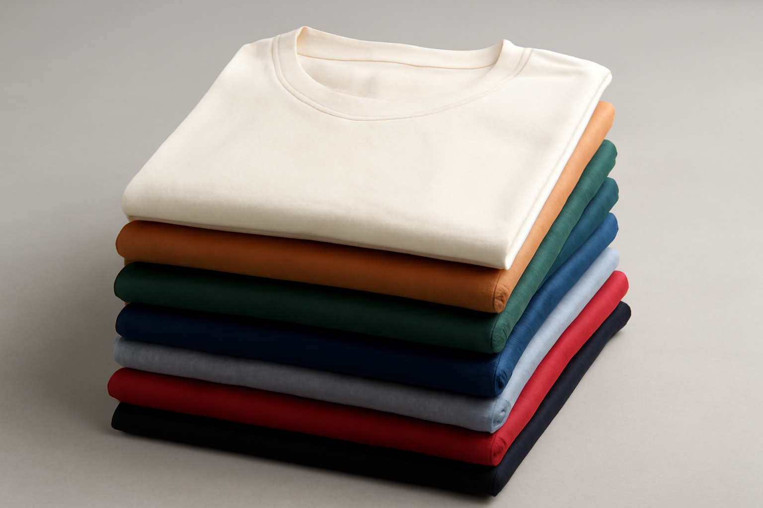 tendancemagasin-marque-basiques-durables pile de t-shirts basiques de différentes couleurs