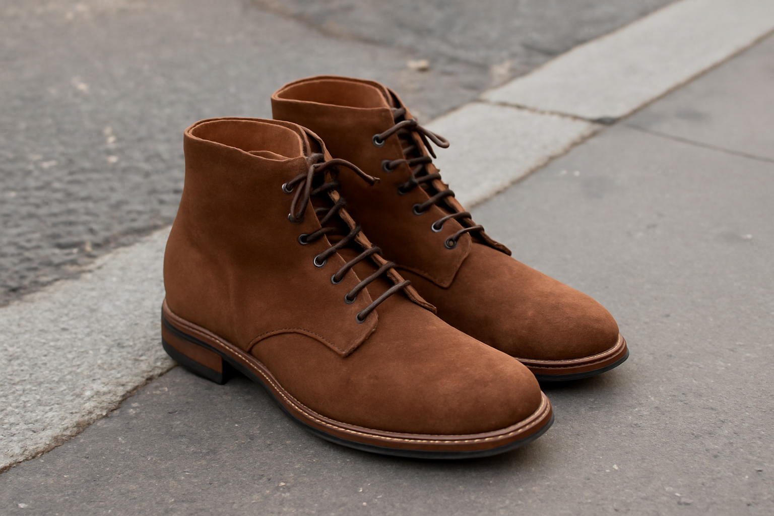 paire de bottines posée sur trottoir urbain