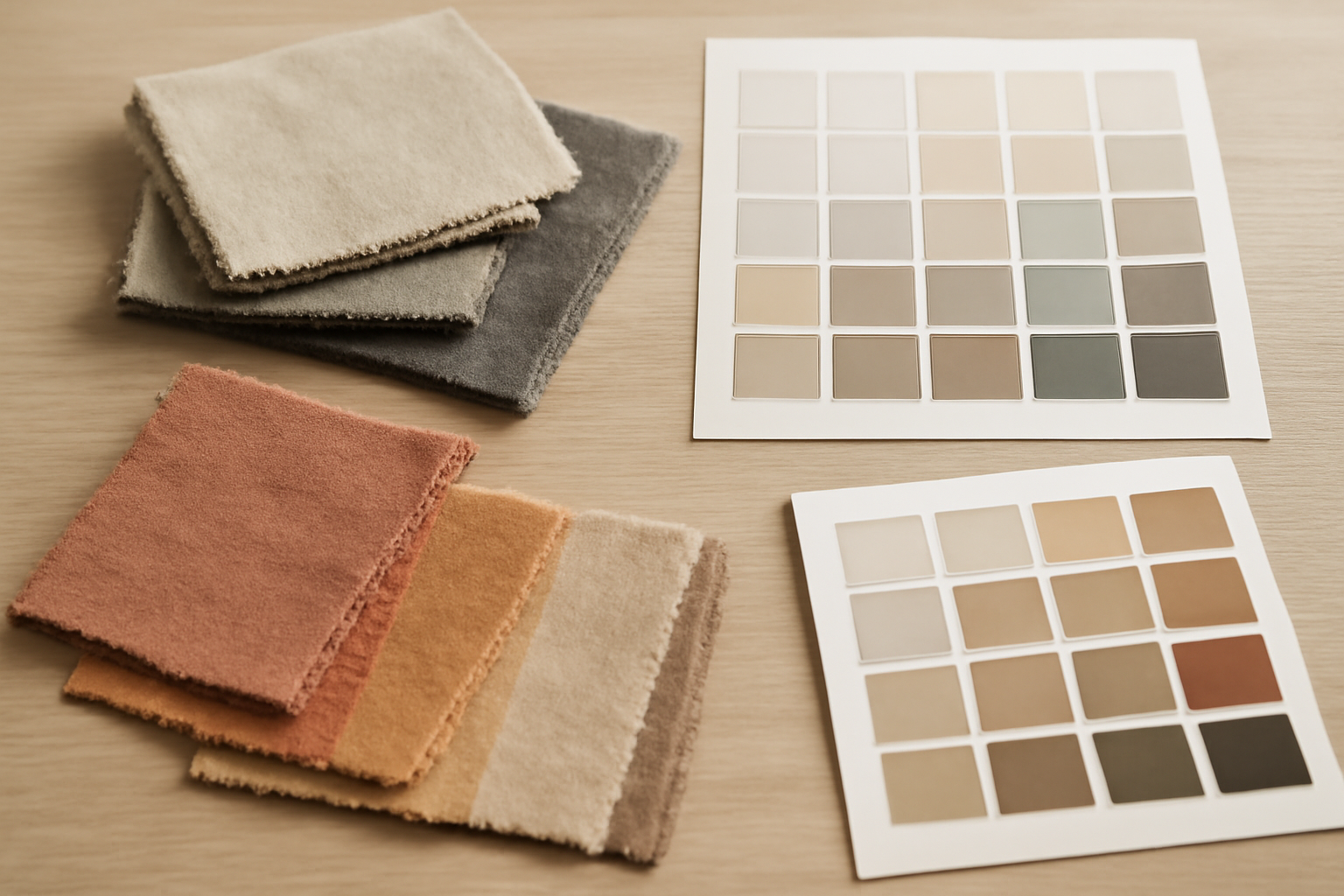 tendancemagasin-palettes-couleurs-vestiaire-rentree échantillons de tissus et nuanciers sur table
