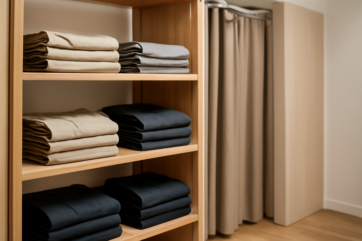 tendancemagasin-pantalon-travail-confort pantalons pliés sur étagère devant cabine d'essayage
