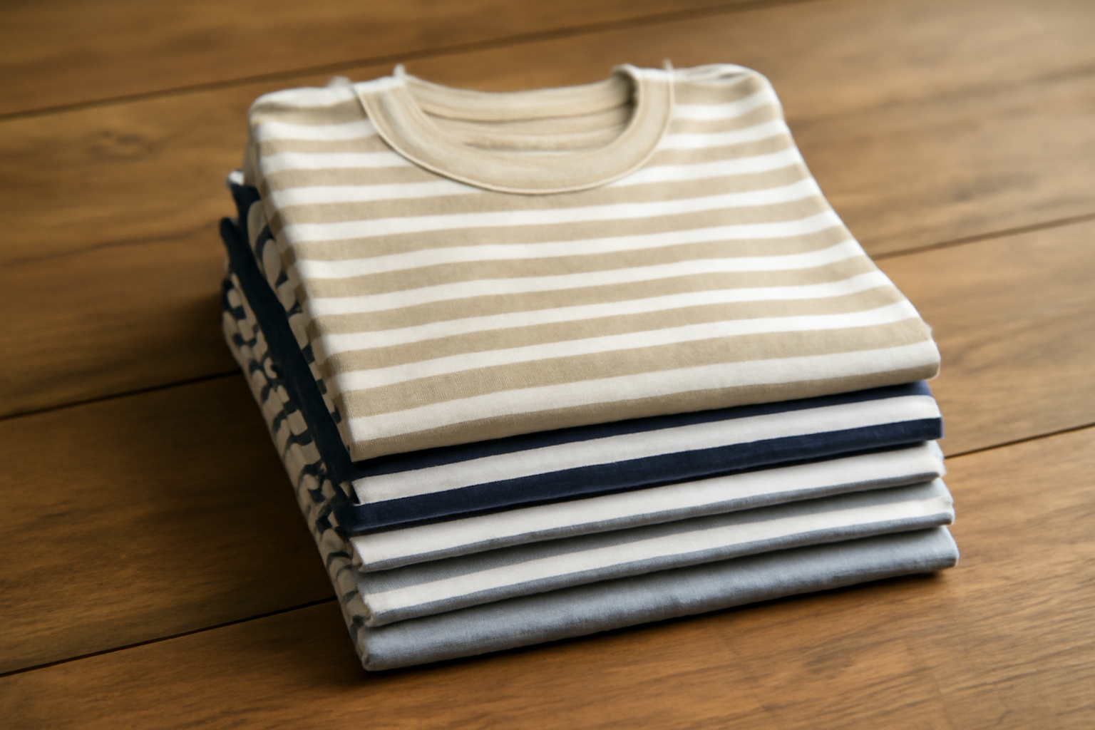t-shirts rayés empilés sur une table en bois