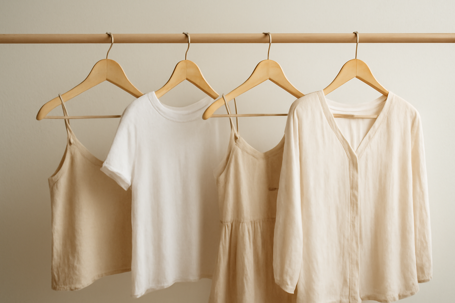 tendancemagasin-pieces-minimal-estival tenues légères suspendues sur une tringle en bois