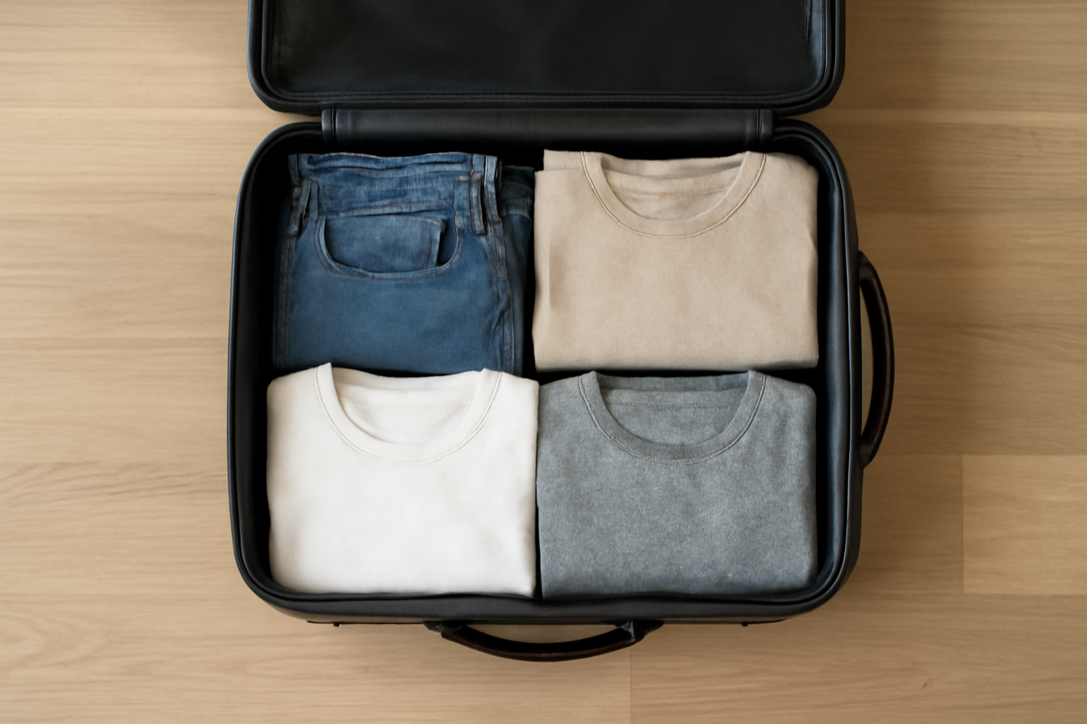 tendancemagasin-pieces-polyvalentes-valise-48h valise ouverte avec tenues pliées et basiques