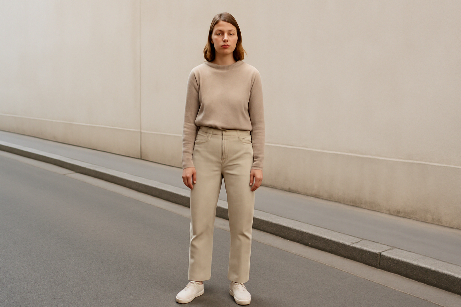 tendancemagasin-porter-tons-neutres personne en tenue neutre posant dans rue minimaliste