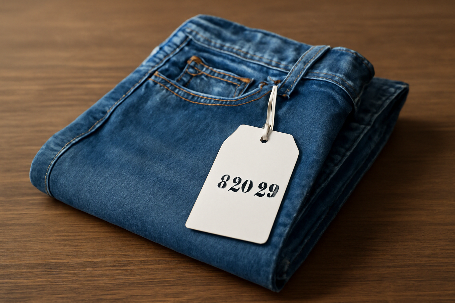 tendancemagasin-prix-jean-durable jean plié sur une table avec etiquette prix