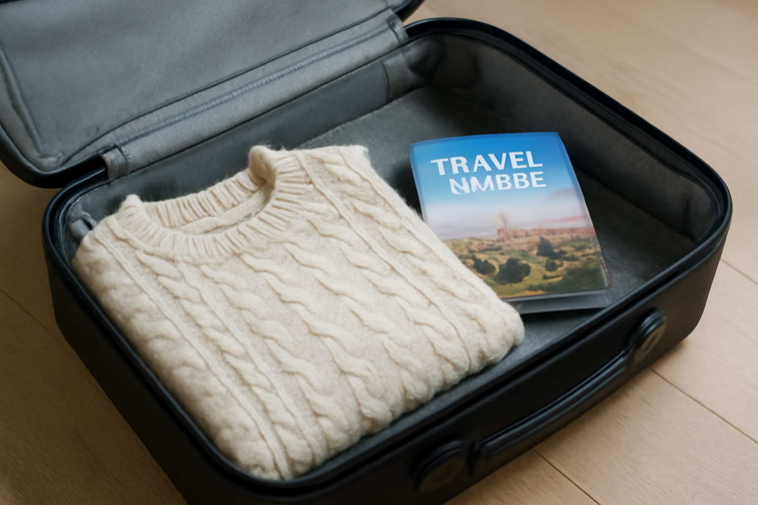 tendancemagasin-pull-maille-voyage valise ouverte avec pull plié et guide