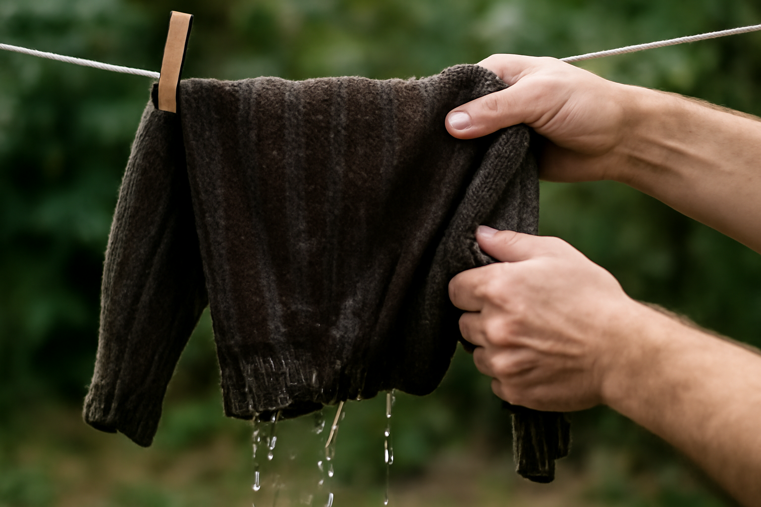 tendancemagasin-pull-perd-tombe-apres-lavages mains secouant un pull humide sur une corde
