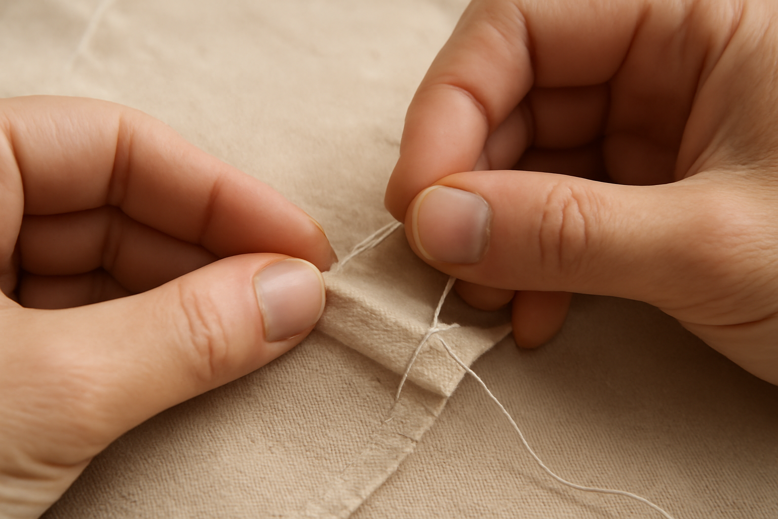 tendancemagasin-retouches-rapides-sauver-vetement main cousant un ourlet sur un tissu