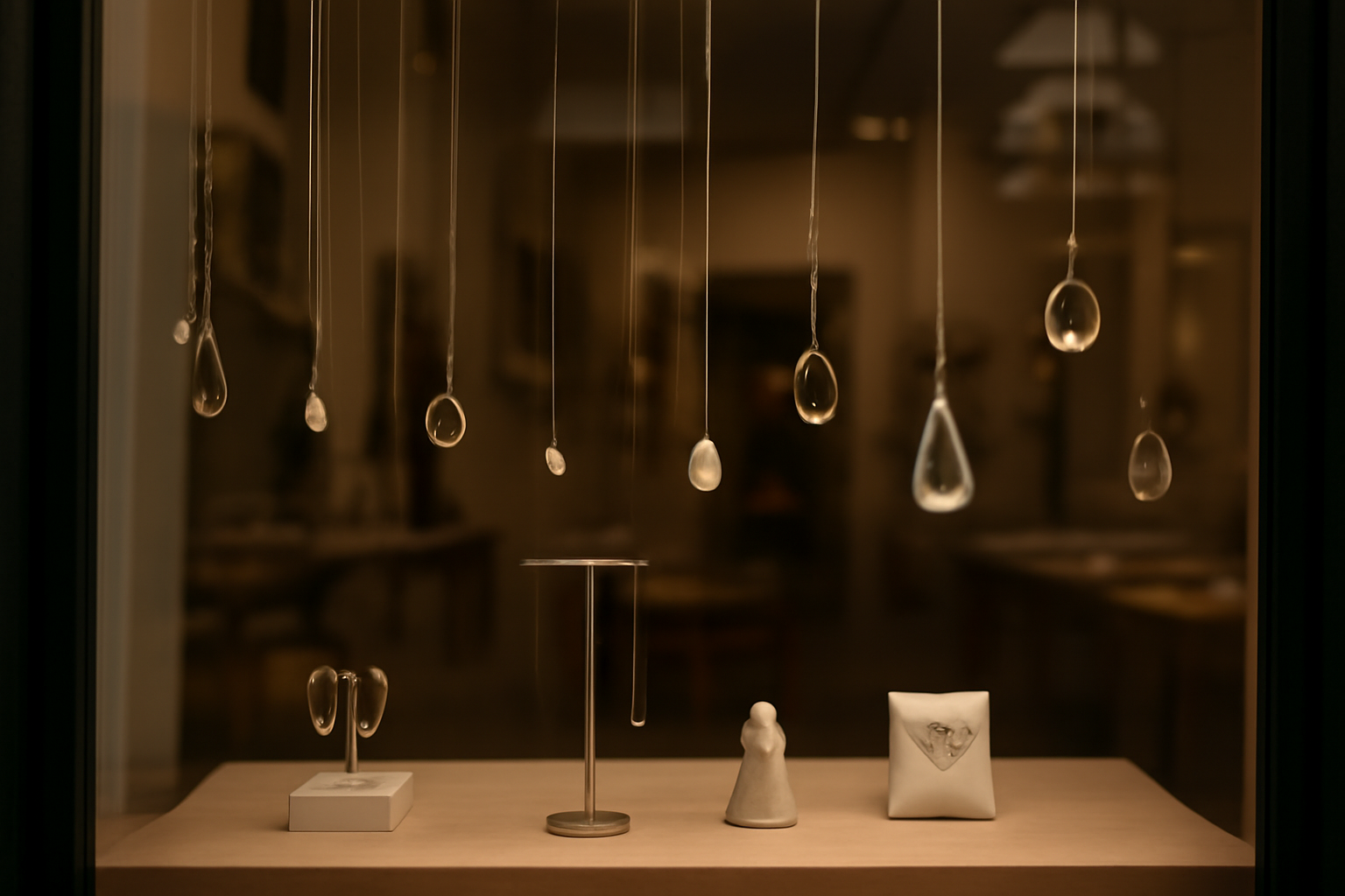 tendancemagasin-sandy-liang-pieces-quotidien vitrine atelier avec pièces fantaisie suspendues