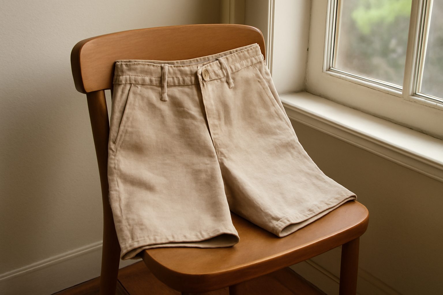 tendancemagasin-short-lin-confort-elegance short posé sur chaise en bois près d'une fenêtre
