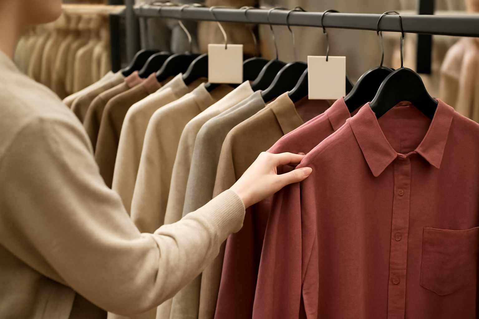 tendancemagasin-soldes-achat-durable personne choisissant vêtements entre étagères et étiquettes