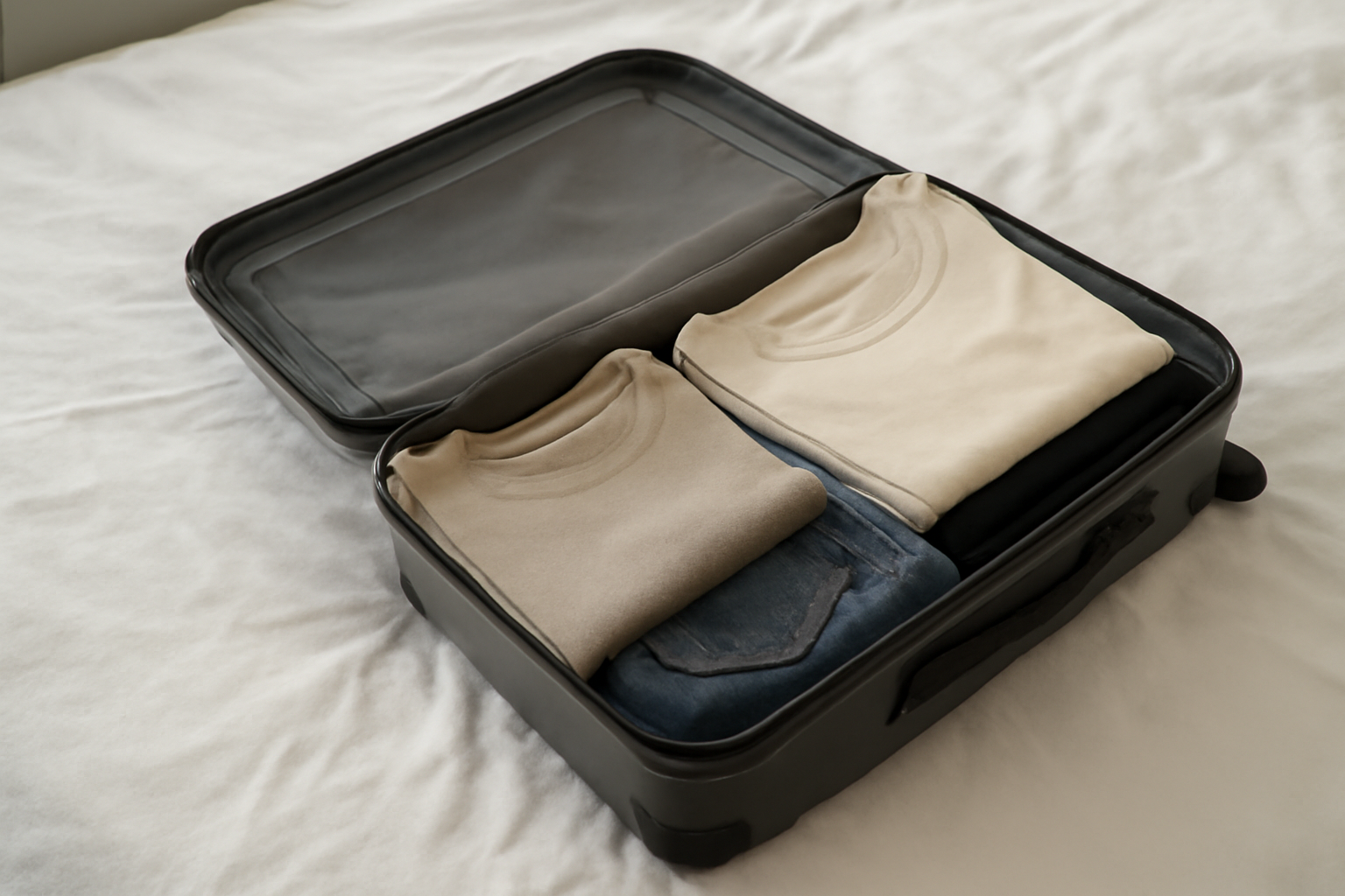 tendancemagasin-tenue-polyvalente-weekend-ville valise ouverte et tenues pliées sur lit
