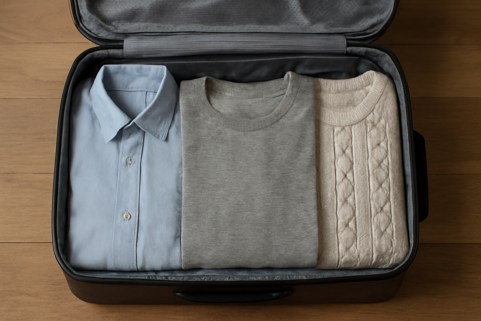 tendancemagasin-tenues-weekend-minimal valise ouverte avec trois tenues pliées
