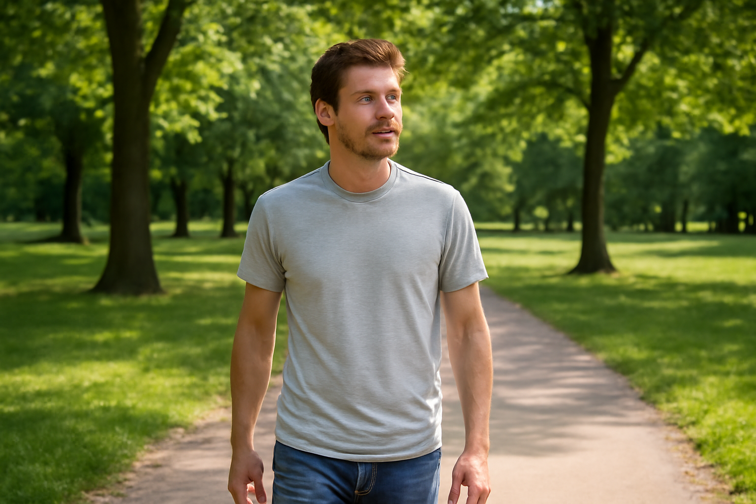 personne marchant en t-shirt léger dans parc