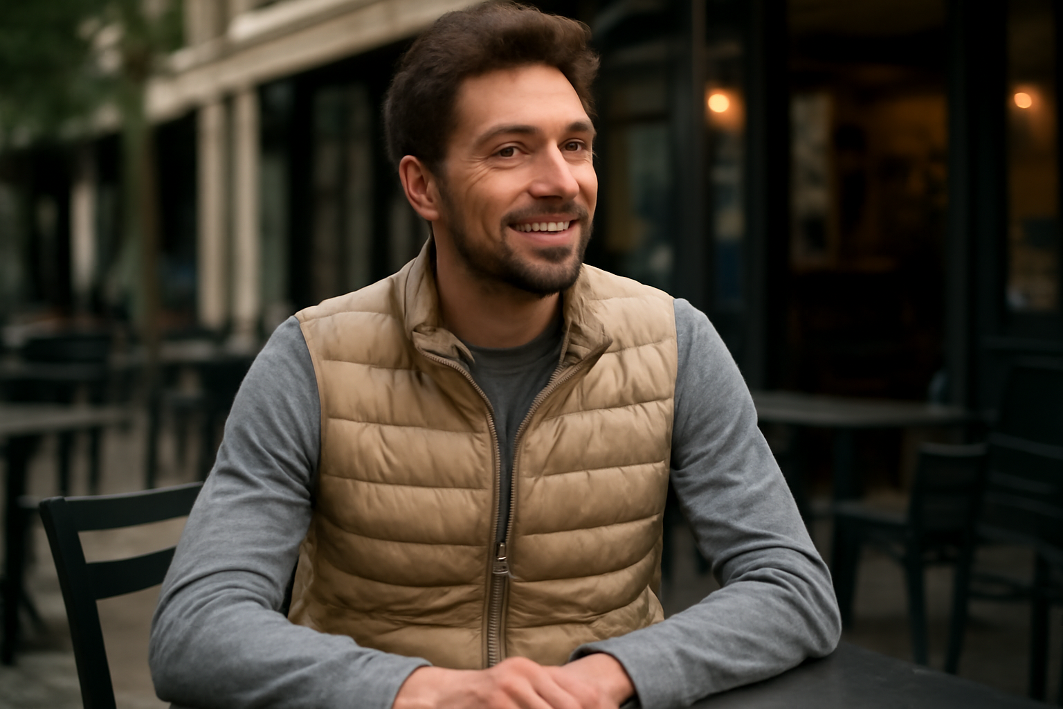 tendancemagasin-vetement-soirees-fraiches personne portant un gilet léger en terrasse