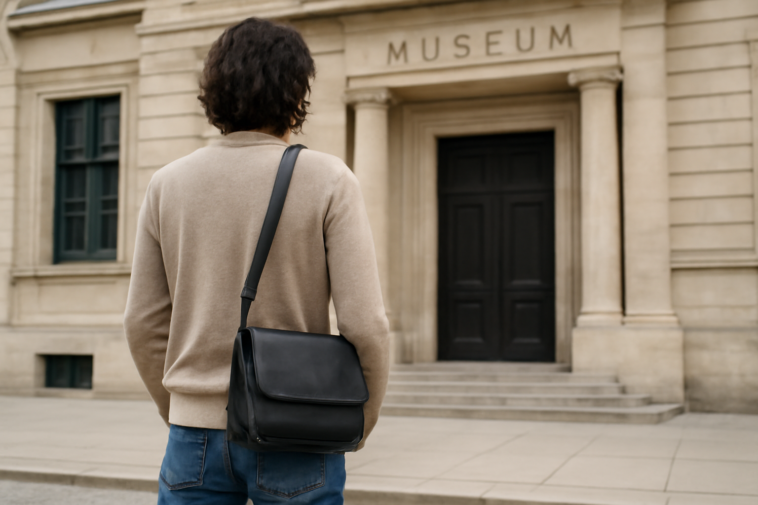tendancemagasin-visite-musees-tenue personne sac bandoulière devant façade de musée