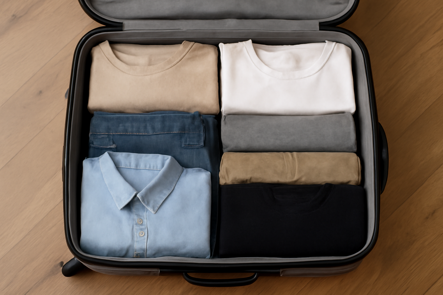 tendancemagasin-voyager-legere-routines valise ouverte avec tenues pliées méthodiquement