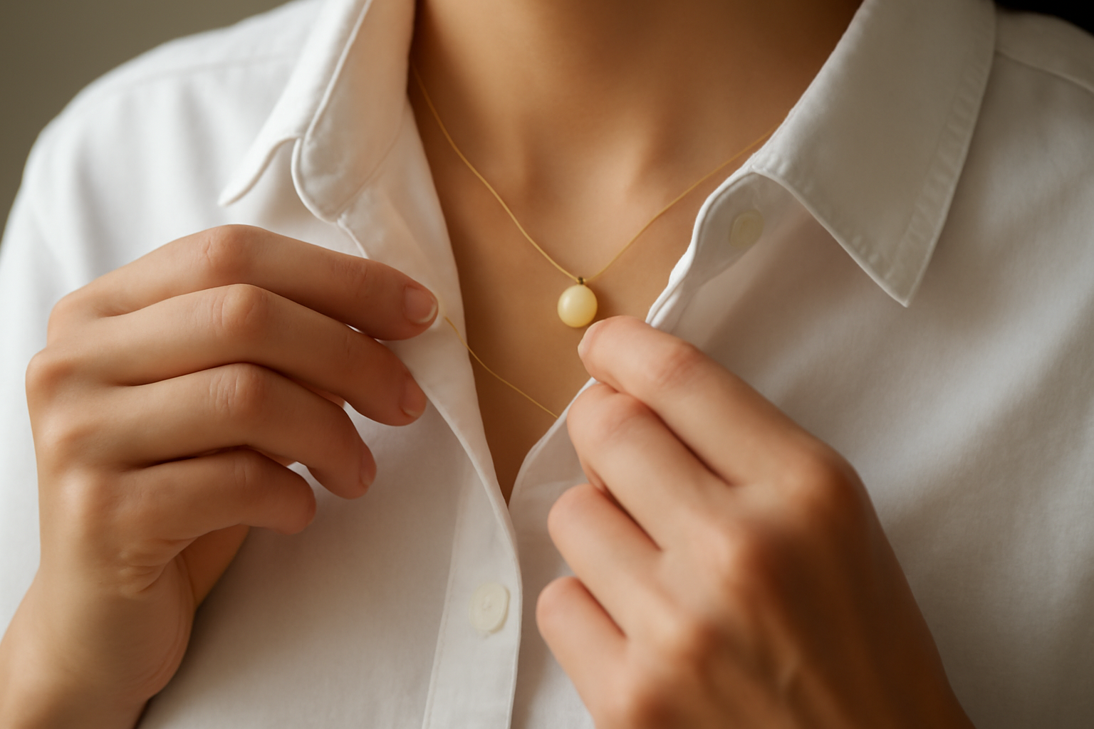 tendancemagasin-accessoire-discret-monochrome mains ajustant un collier minimal sur chemise