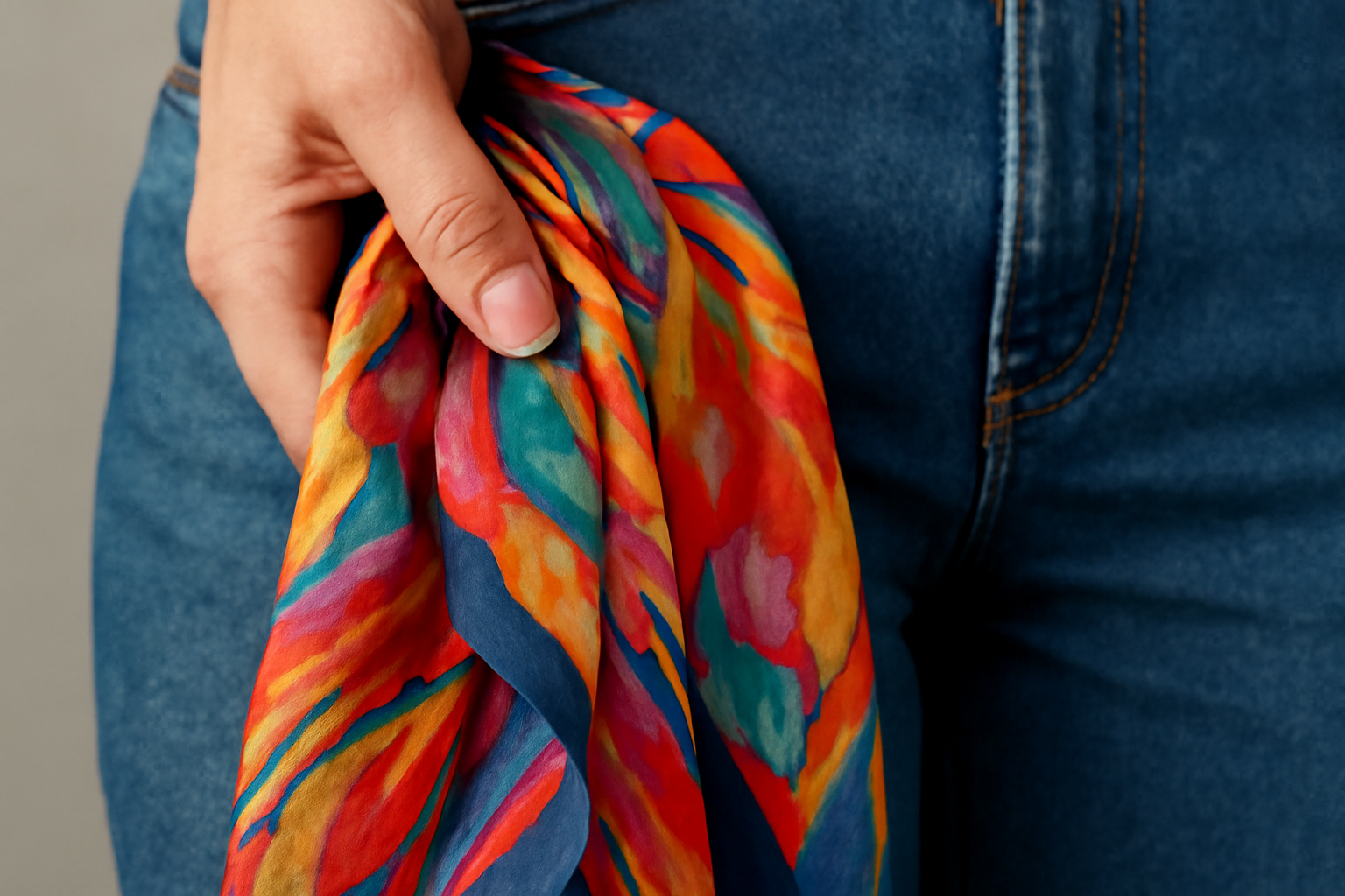 tendancemagasin-accessoire-polyvalent-pour-jean main tenant un foulard coloré sur jean