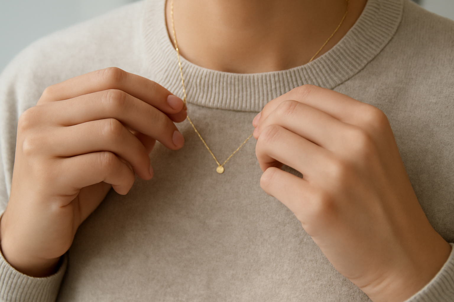 tendancemagasin-accessoire-rehausser-pull-uni main ajustant petit collier sur pull uni