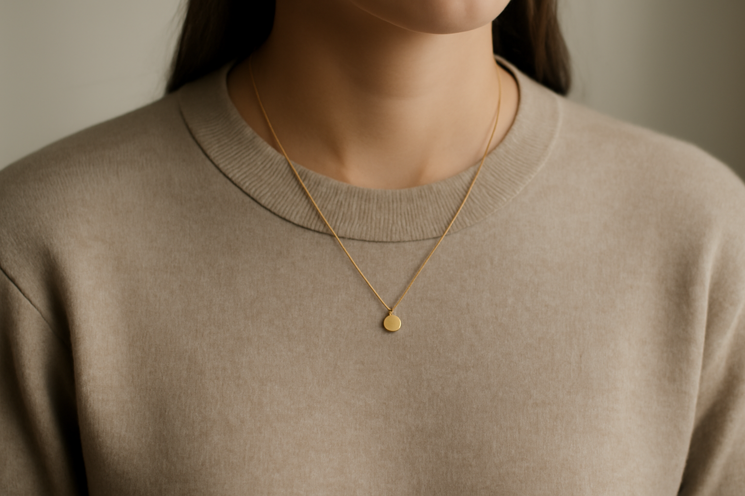 tendancemagasin-accessoires-look-minimal-sophistique colier discret sur pull monochrome