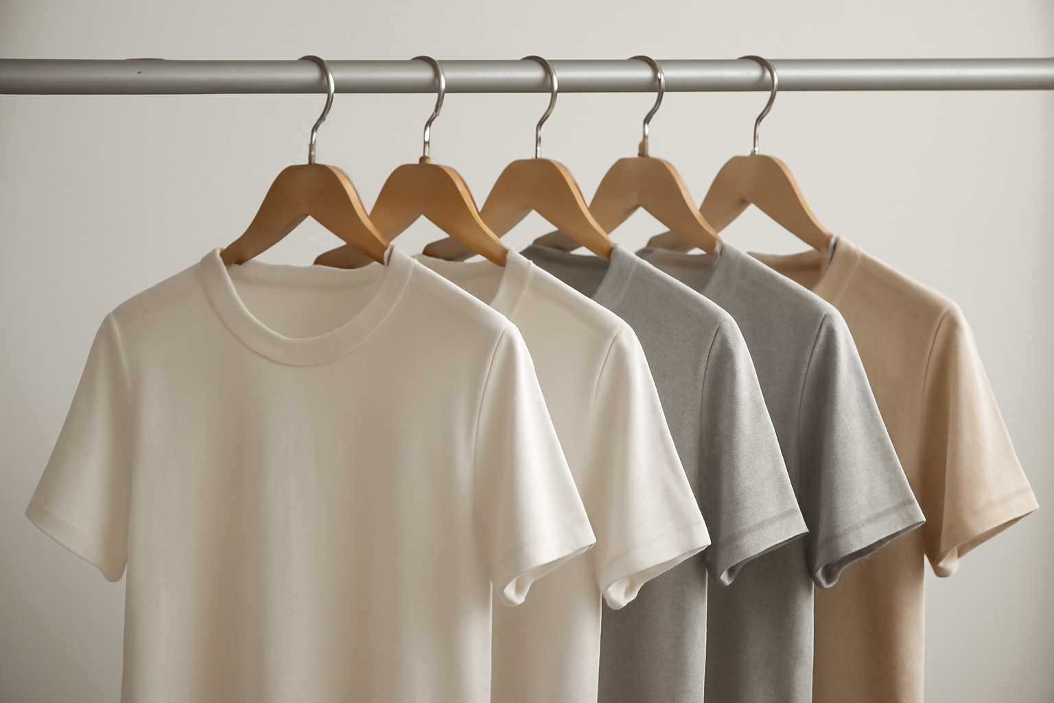 tendancemagasin-basiques-dressing-minimal-polyvalent cintres avec tshirts neutres sur tringle
