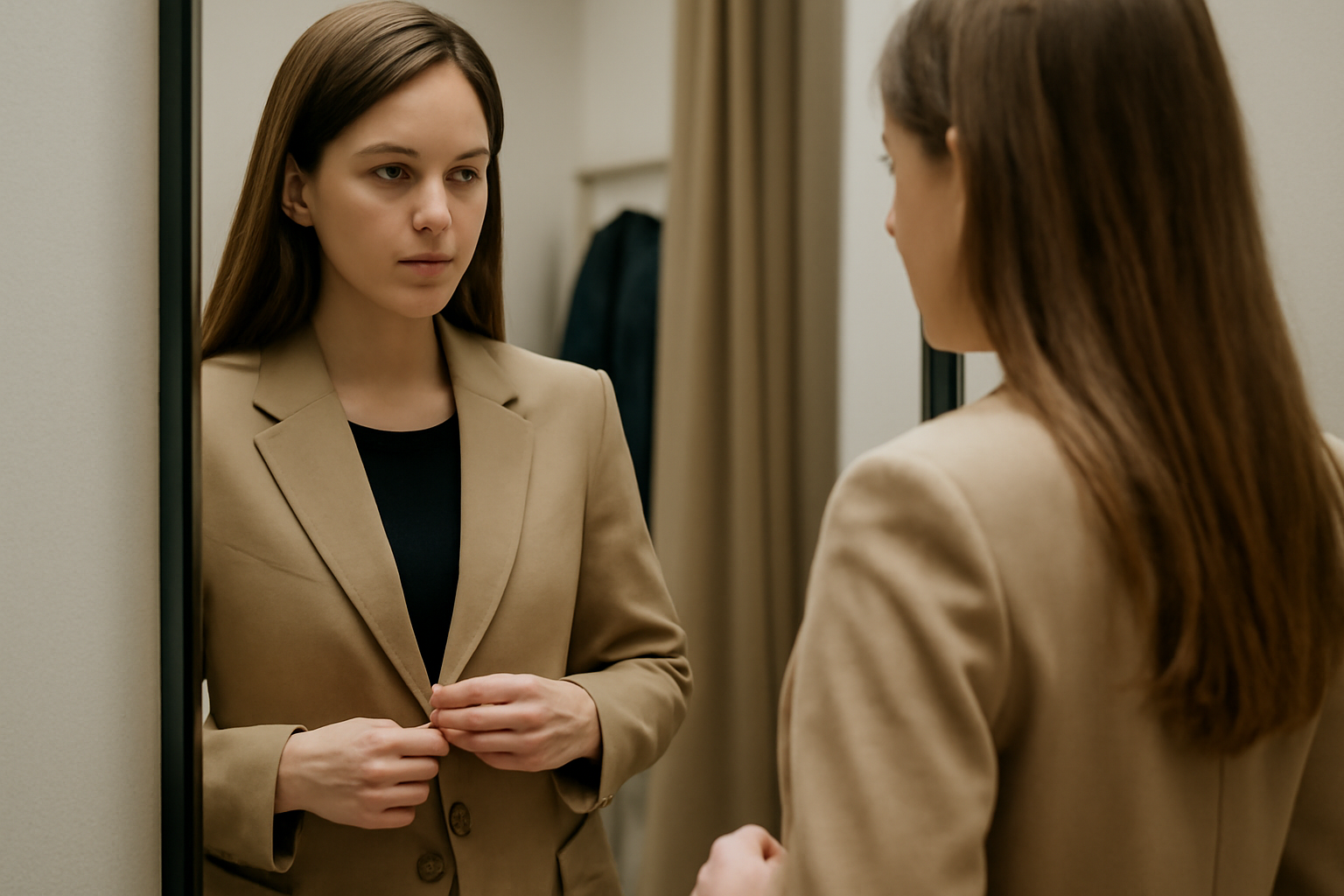 tendancemagasin-blazer-cintre-oversize femme essayant un blazer devant miroir