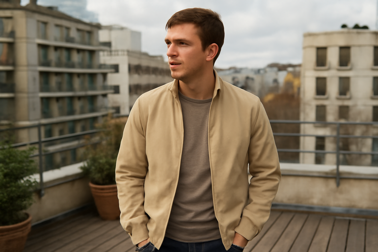 tendancemagasin-blouson-leger-soirees-fraiches personne en blouson léger sur une terrasse