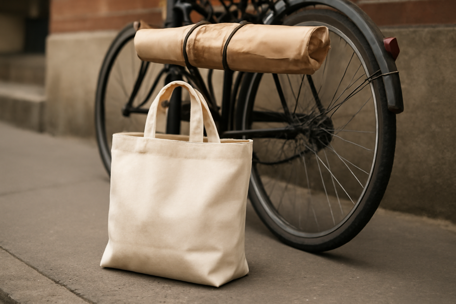 tendancemagasin-cabas-pour-courses-style cabas en toile posé près d'un vélo chargé