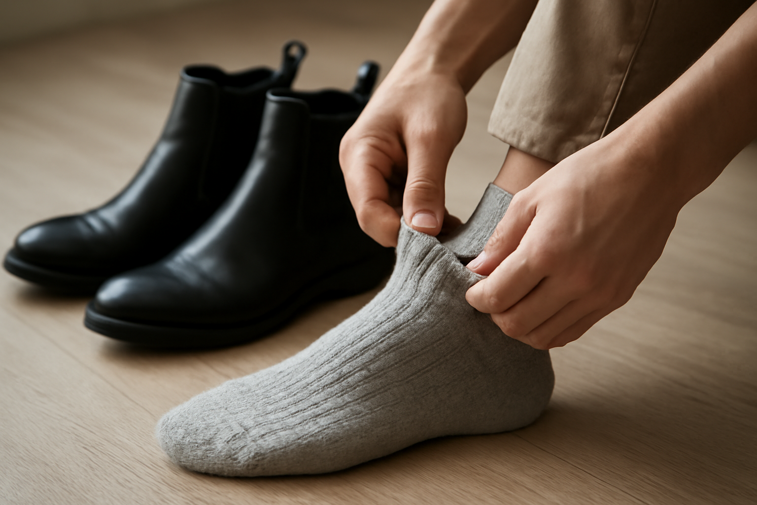 tendancemagasin-chaussettes-bottines-hiver mains enfilant chaussettes devant bottines