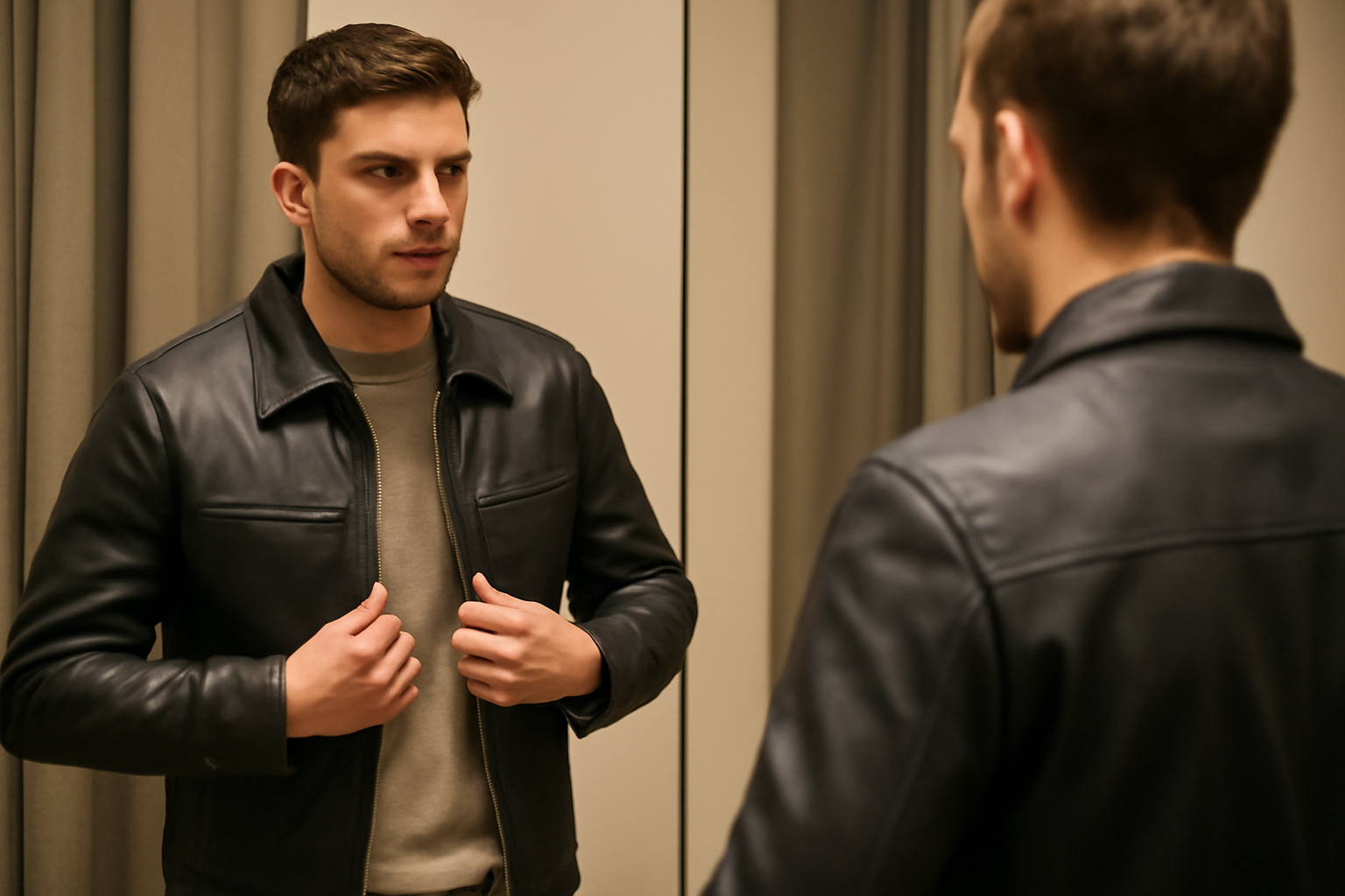 tendancemagasin-choisir-blouson-assortir-dressing personne essayant un blouson devant un miroir