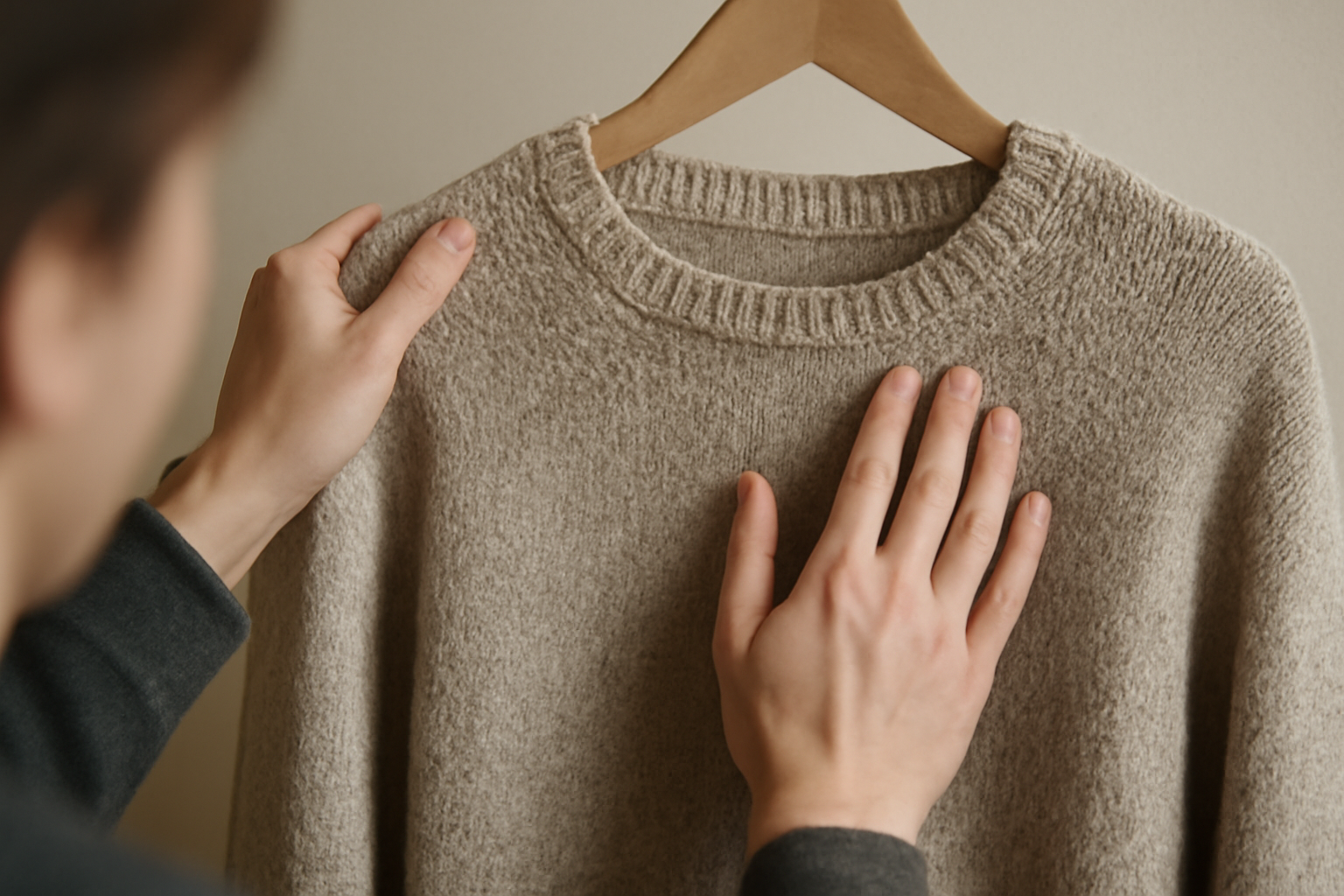 tendancemagasin-choisir-pull-maille-durable personne palpant la maille d'un pull suspendu