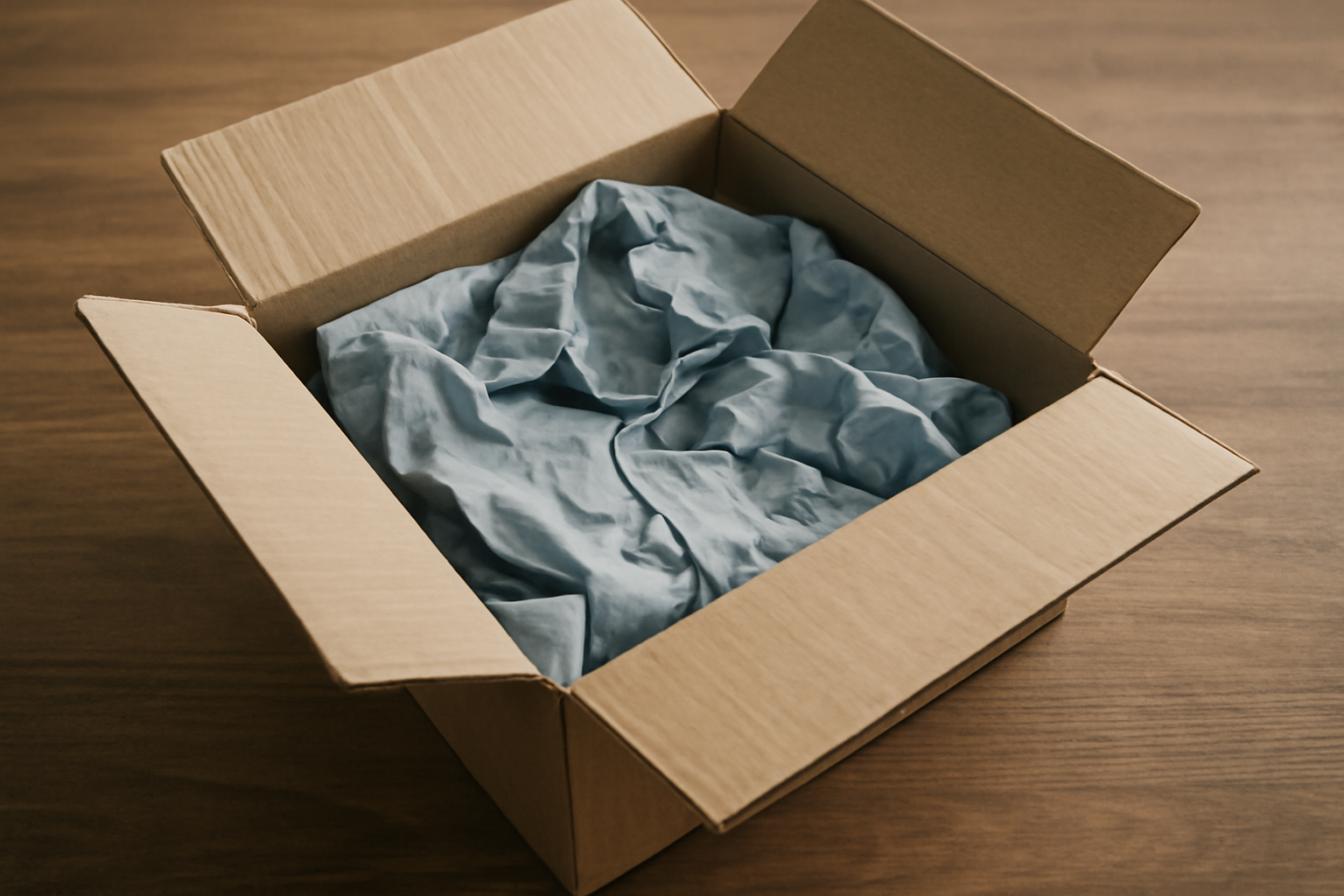 tendancemagasin-colis-abimes-que-faire carton ouvert sur table avec vetement froisse