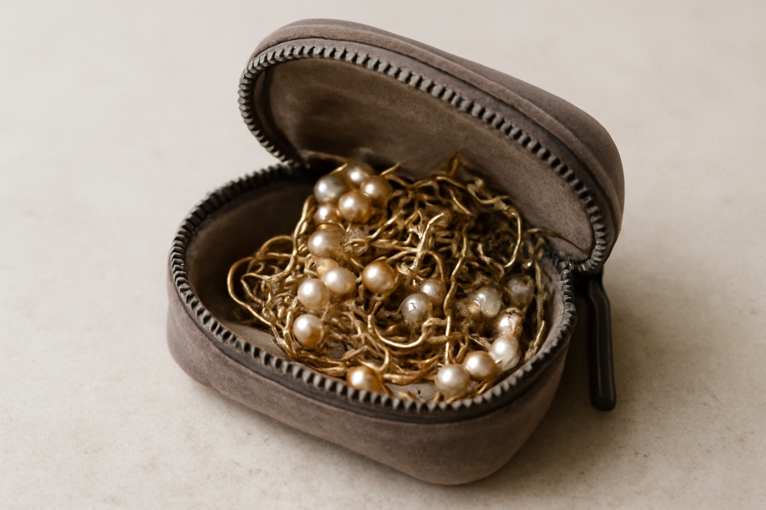 petit sac ouvert avec bijoux emmêlés