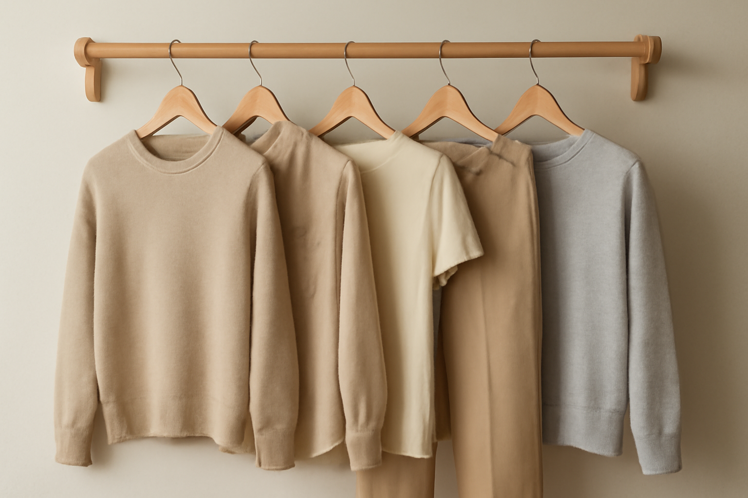 tendancemagasin-composer-trois-tenues-cinq-pieces cinq vetements suspendus assortis sur patere