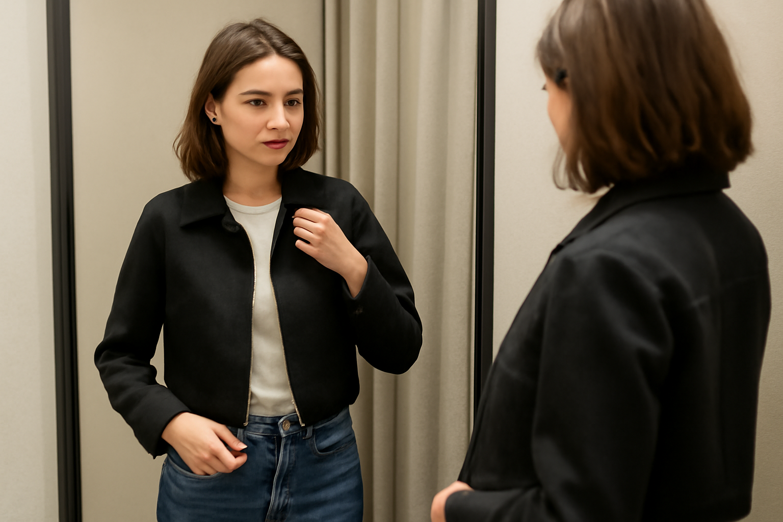 tendancemagasin-coupe-veste-petite-taille femme essayant une veste courte en cabine