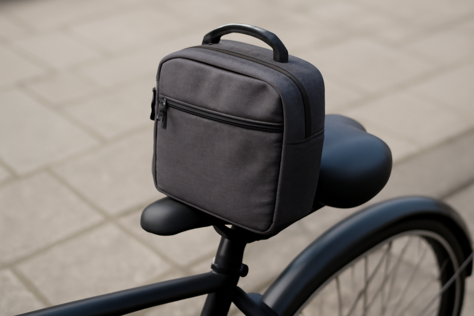 sac compact posé sur siège de vélo urbain