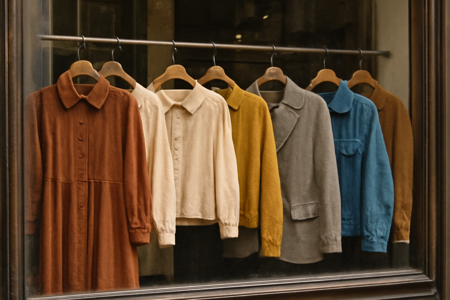 vitrine avec vêtements vintage sur cintres