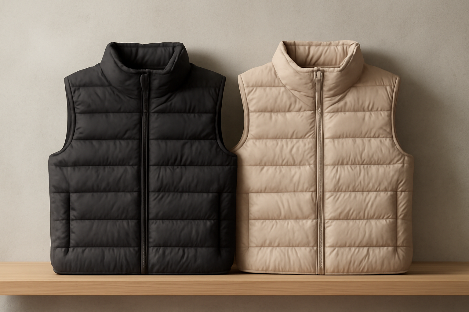 tendancemagasin-gilet-boutonne-ou-zippe deux gilets posés sur étagère contrastée