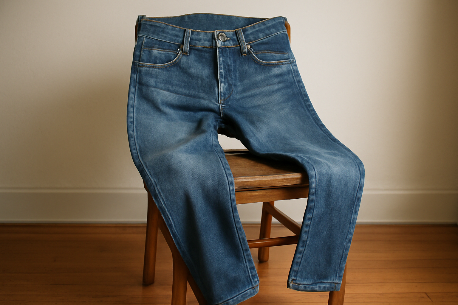 tendancemagasin-jean-brut-ou-delave-intemporel jean pose sur chaise en bois