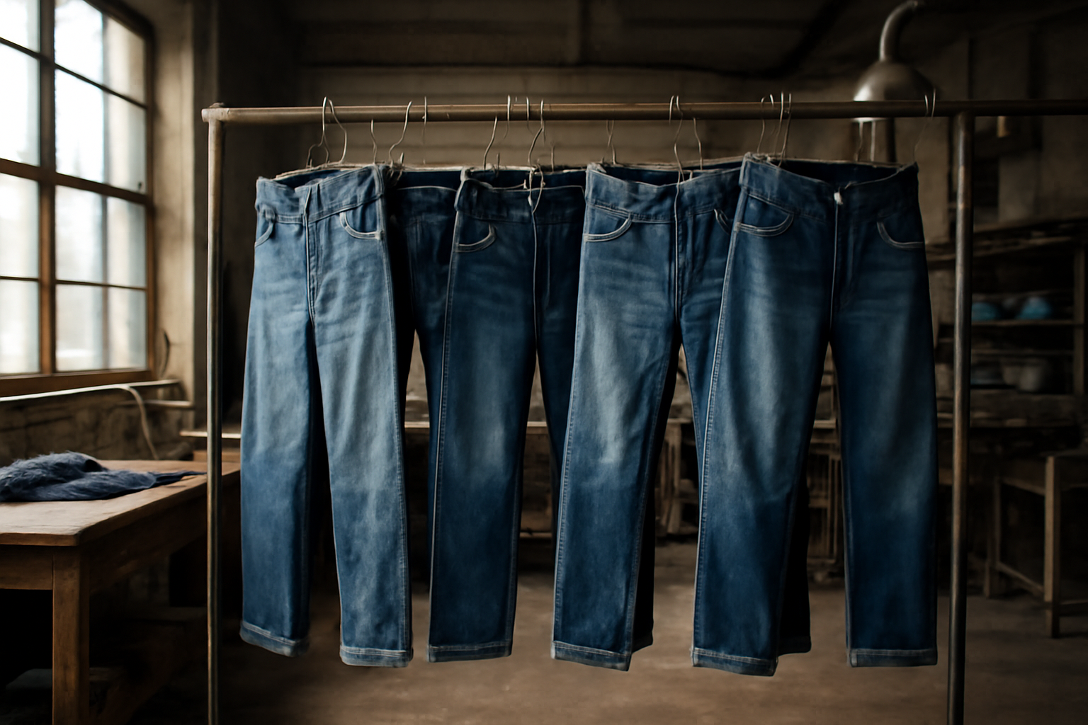 tendancemagasin-ksenia-schnaider-coupes atelier présentant plusieurs jeans accrochés