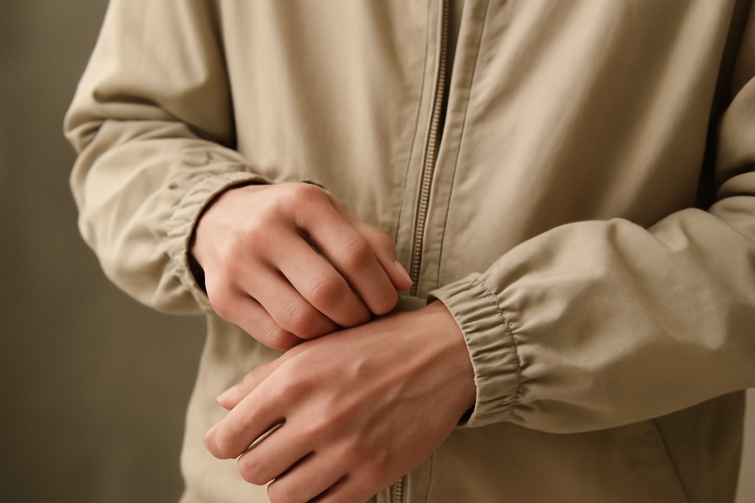 tendancemagasin-longueur-manche-mi-saison mains ajustant manches d'une veste legere