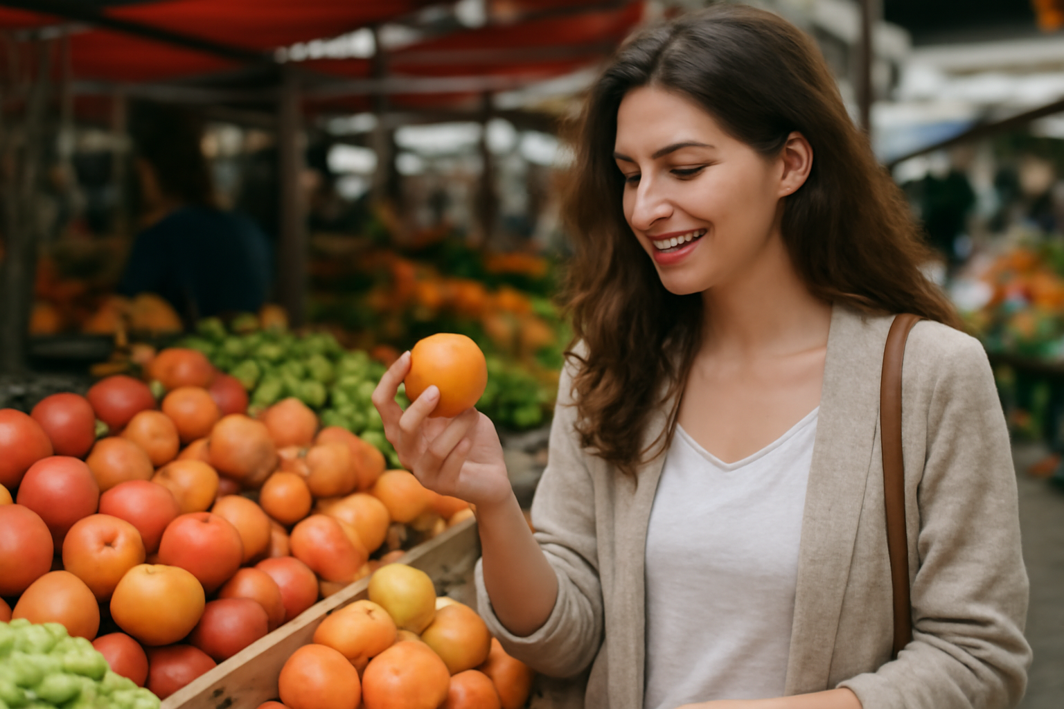 tendancemagasin-look-marche-ensoleille femme choisissant des fruits au marché