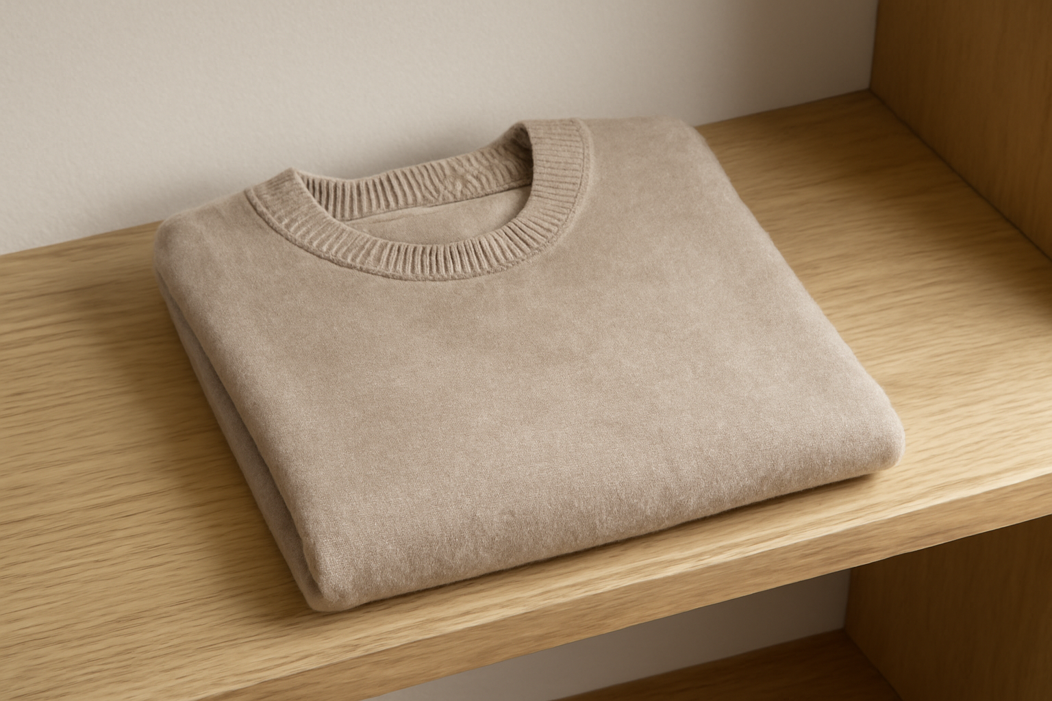 tendancemagasin-maison-kitsune-basiques-valent-ils pull fin posé sur étagère en bois clair
