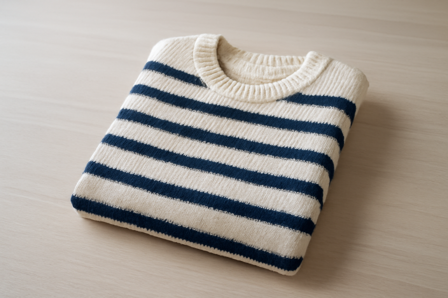 tendancemagasin-maison-kitsune-pieces-signature pull rayé posé sur une table minimaliste