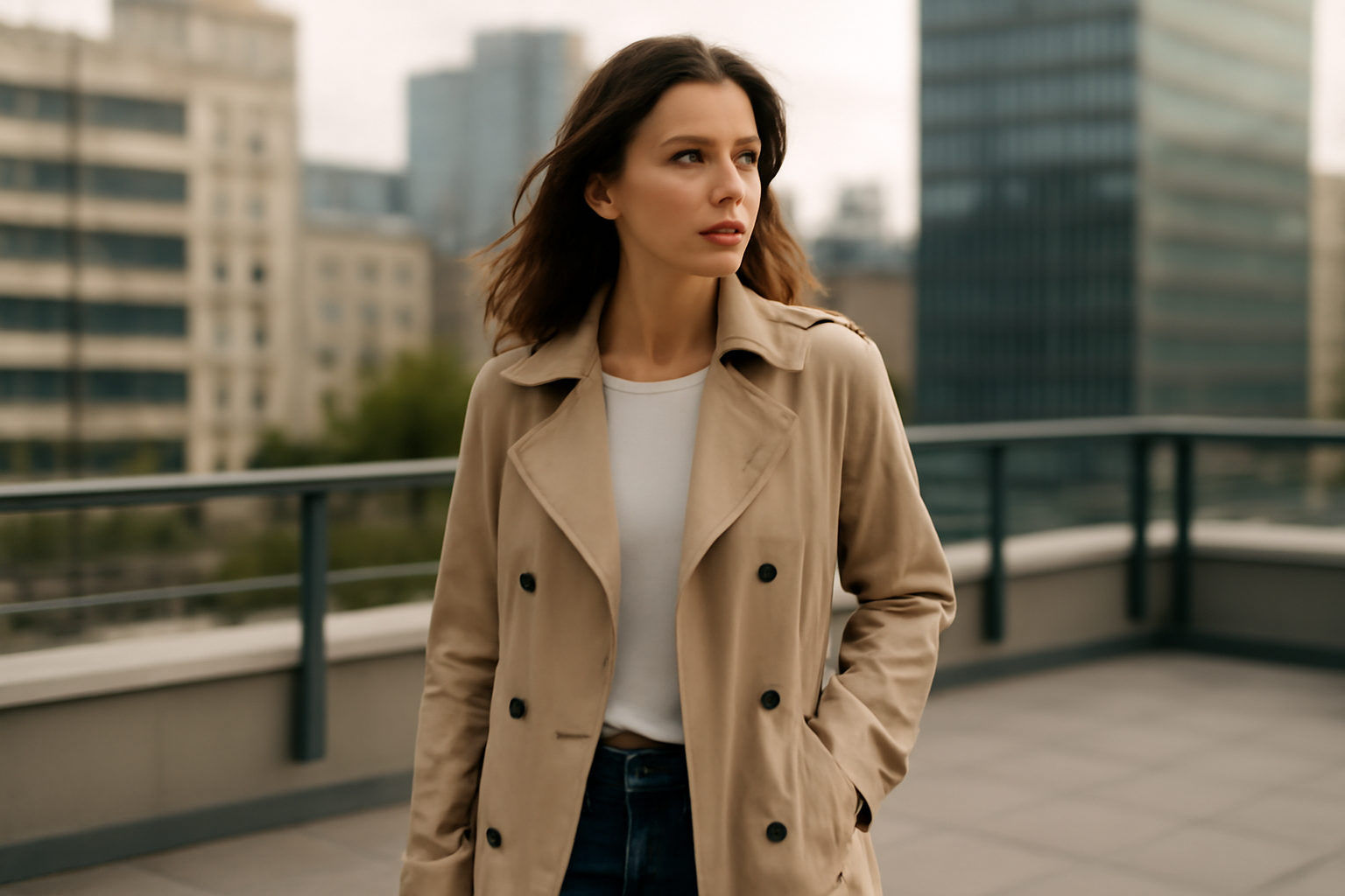 tendancemagasin-manteau-leger-soirees-estivales femme portant un trench léger sur terrasse urbaine