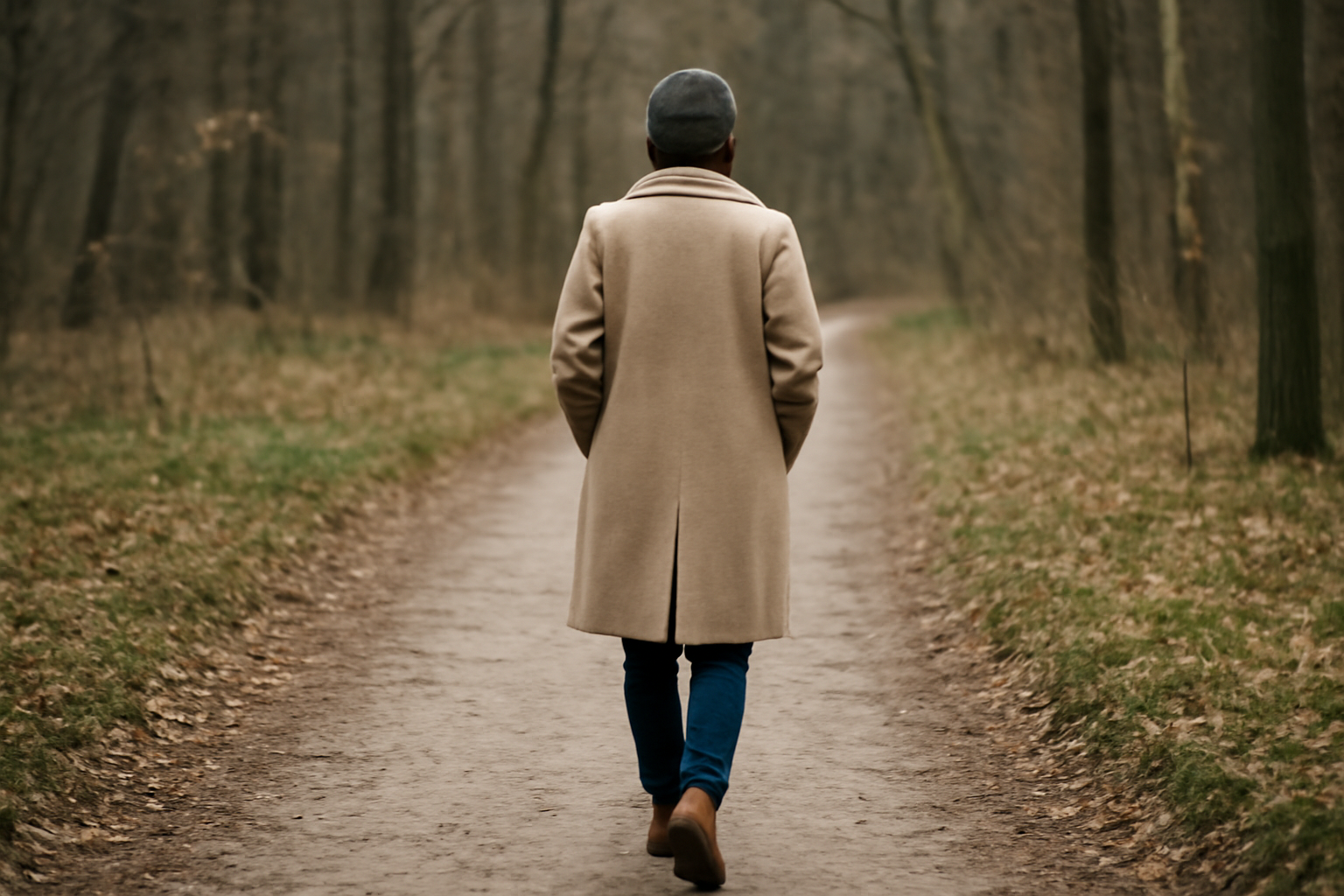 personne marchant sur sentier avec manteau